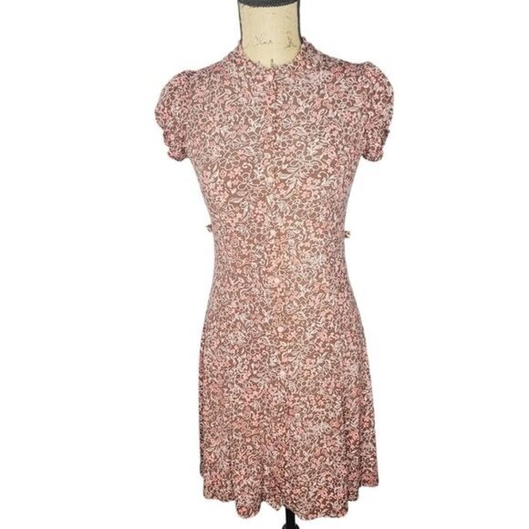 Vintage 90s Pink Brown Flower Print Slinky Stretch Mini Dress - Picture 1 of 14